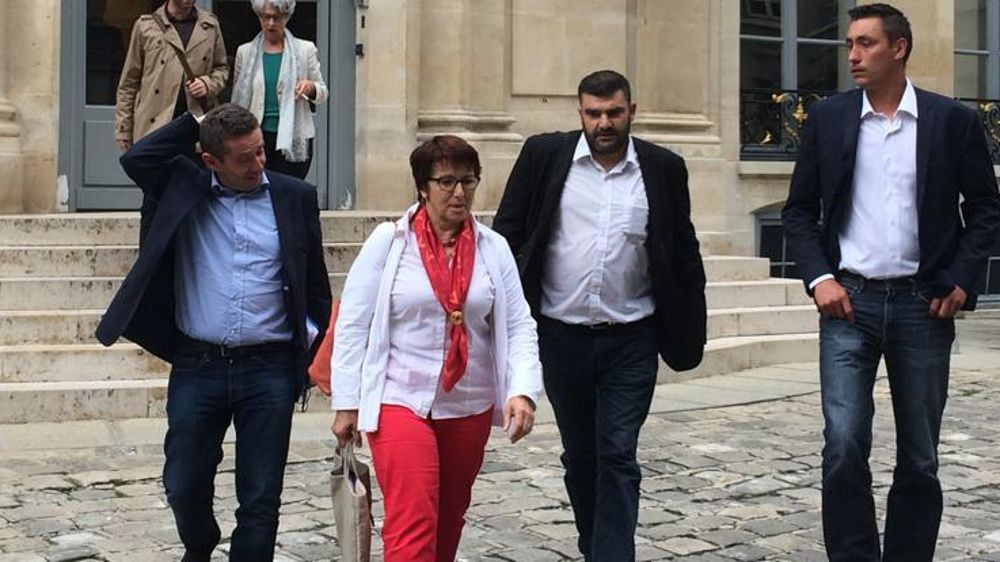 Jérôme Despey, Christiane Lambert, Jérémy Decerle et Samuel Vandaele à la sortie de leur entretien avec le ministre de l’Agriculture le 12 juin 2018. © B. Quantinet/GFA